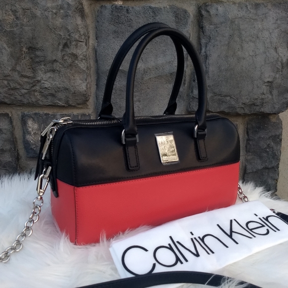 Calvin Klein Handbags - Calvin Klein Watermelon Red Black Calf Leather Tonya Satchel